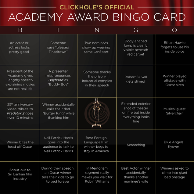 Illustration for article titled ClickHole’s Official 2015 Academy Awards Bingo Card